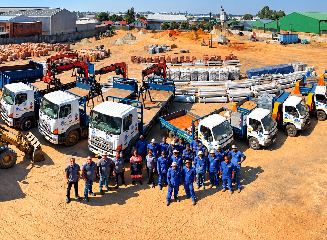 The Rainbow team in blue uniforms with the delivery fleet and crane trucks in the brick yard